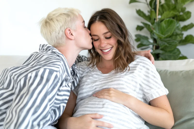 Pregnant woman sitting on couch with partner kissing her cheek while she smiles and cradles her belly
