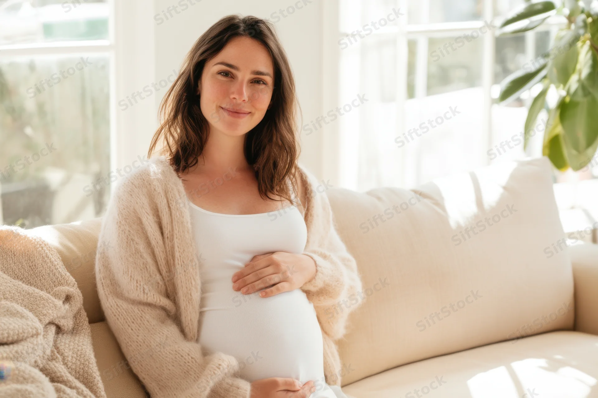 Pregnant woman smiling while sitting on a sofa and holding her belly at home