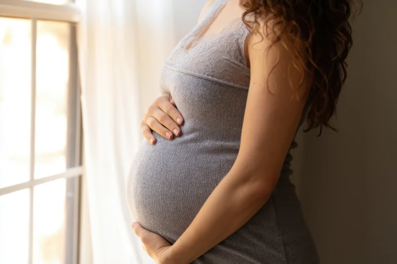 Pregnant woman cradling her belly by a sunlit window in a gray lace dress