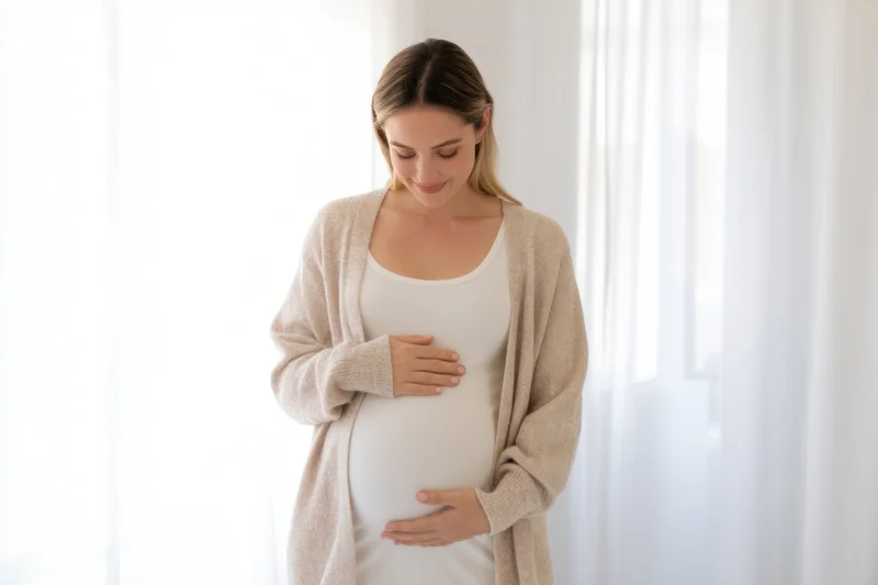 Pregnant woman smiling while touching her belly indoors near a window