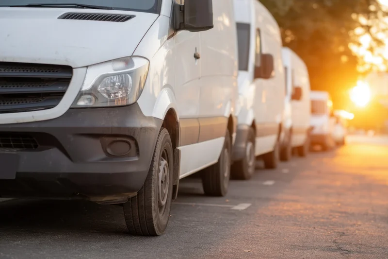 Row of white delivery vans parked in a line on an asphalt street at sunset