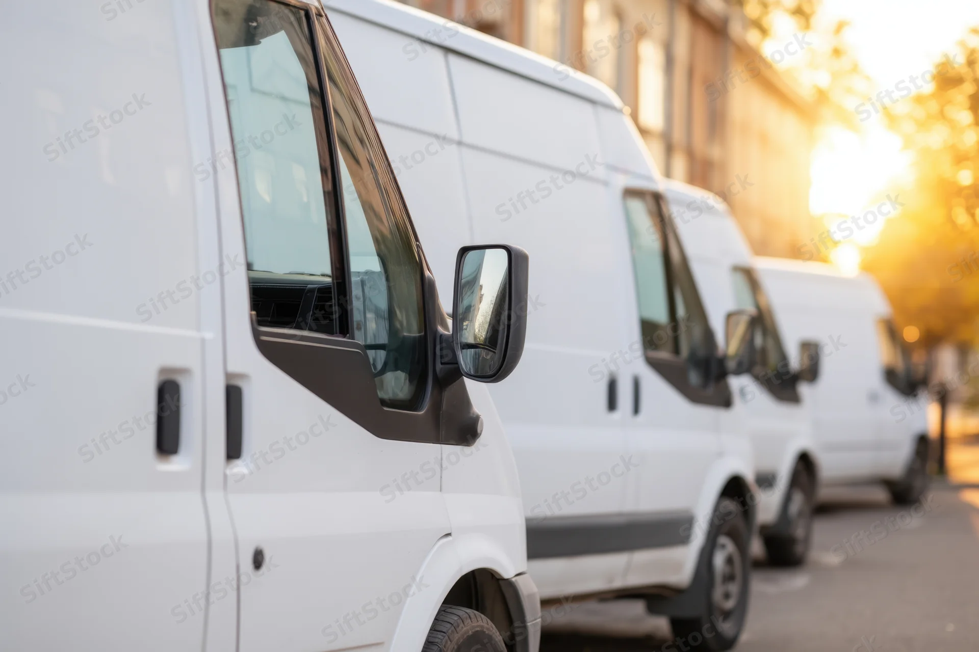 Row of white delivery vans parked along a city street at golden hour
