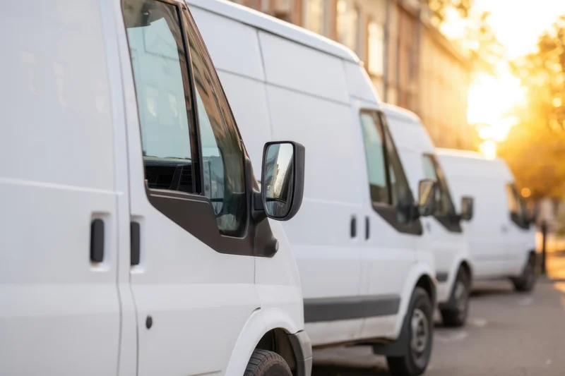 Row of white delivery vans parked along a city street at golden hour