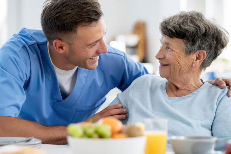 Caregiver smiling and touching senior woman's shoulder during breakfast at home