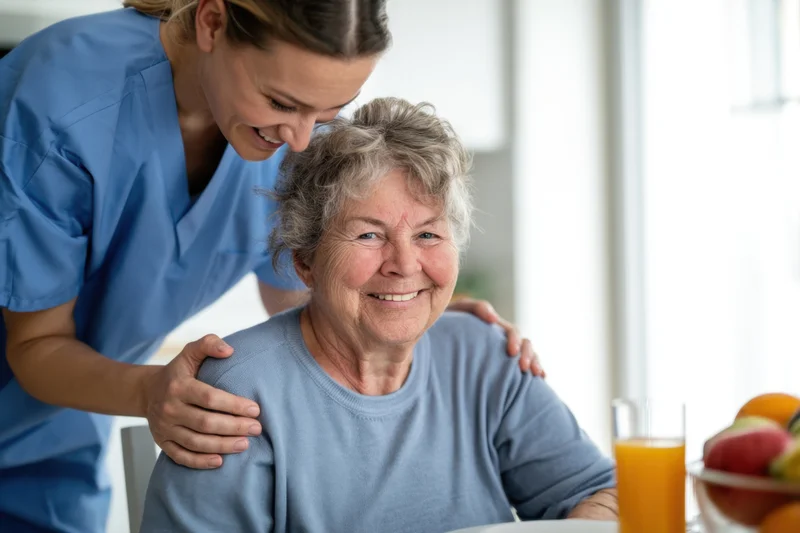 Caregiver smiling and placing hands on shoulders of seated senior woman at table with fruit and juice