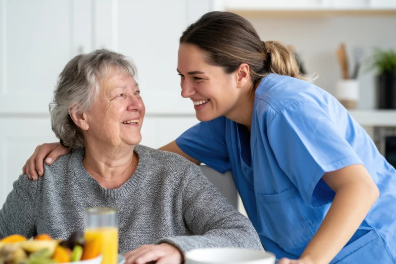 Caregiver smiling with senior woman at kitchen table during breakfast