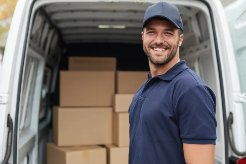 Smiling delivery driver standing by open van filled with cardboard boxes
