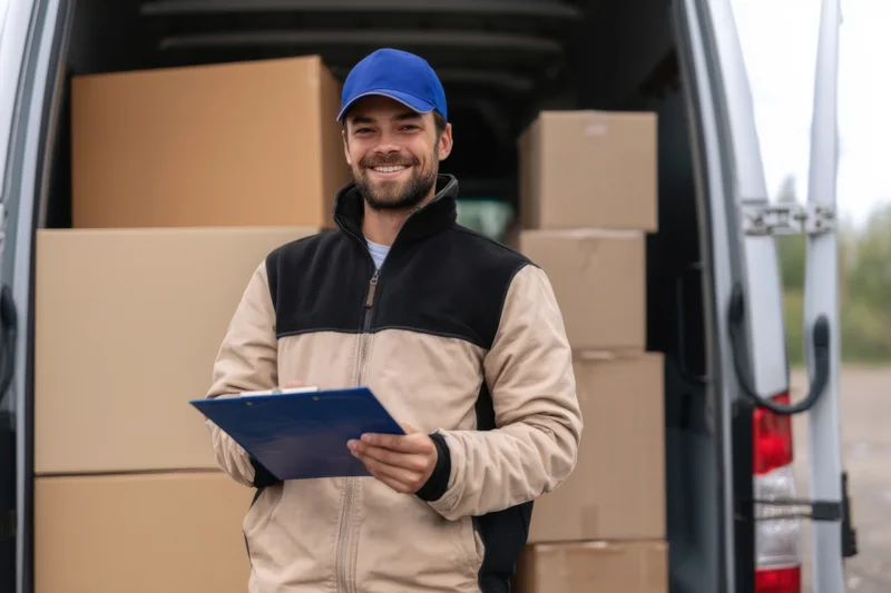 Smiling delivery worker holding clipboard in front of open van filled with boxes