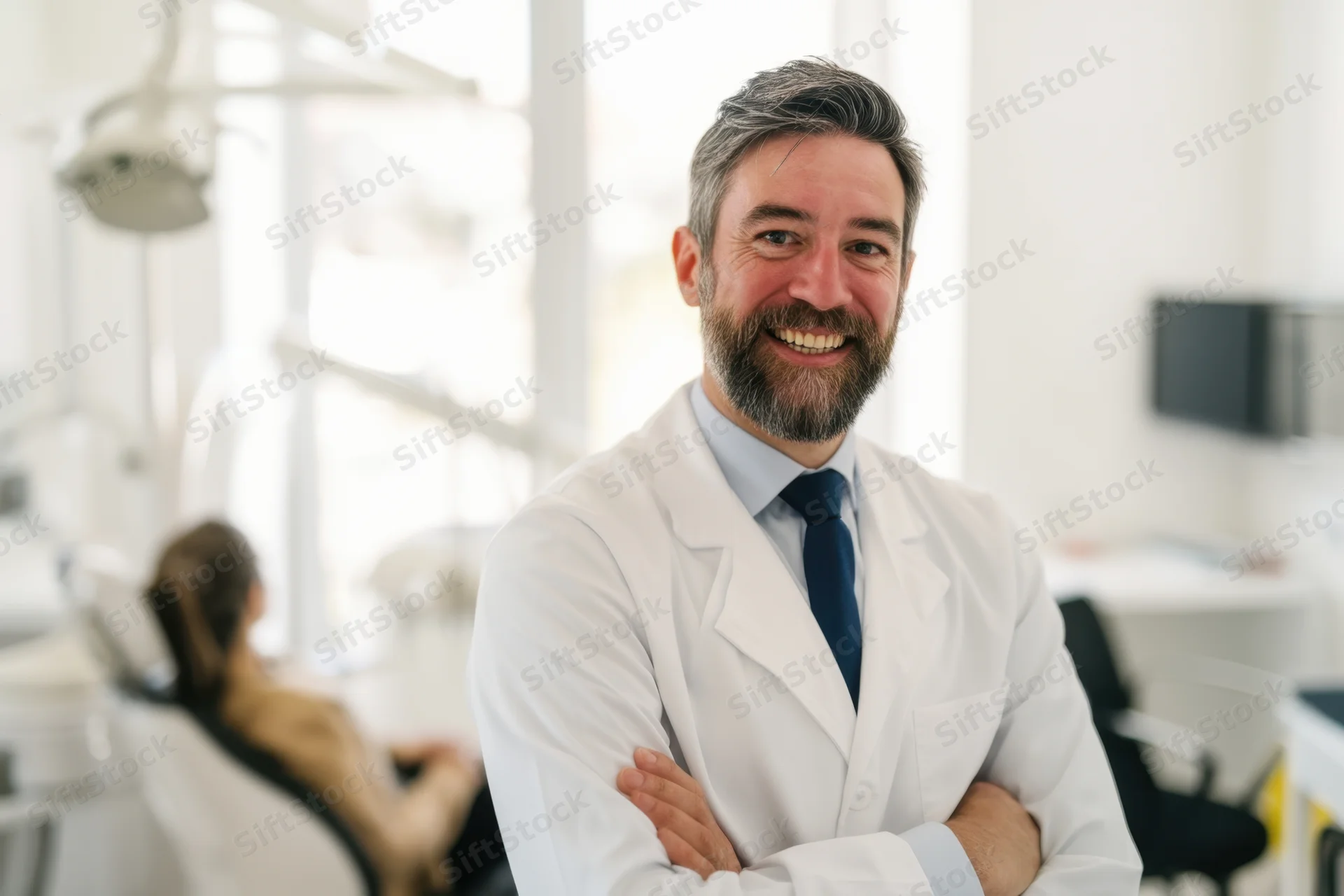 Smiling male dentist with arms crossed in a dental clinic with a patient in the background