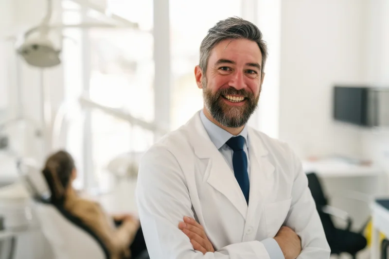 Smiling male dentist with arms crossed in a dental clinic with a patient in the background
