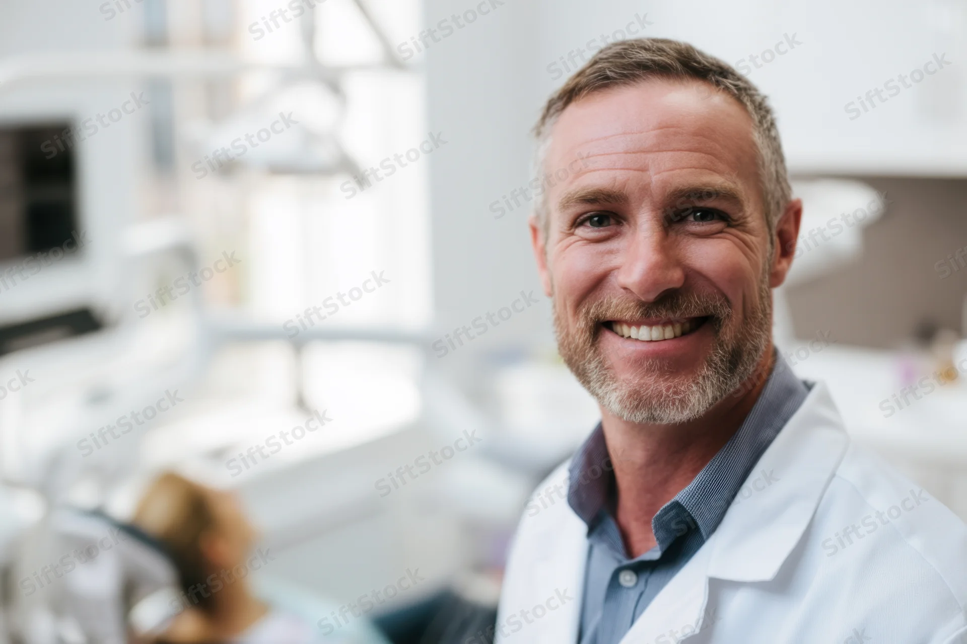 Smiling male dentist in white lab coat standing in dental clinic with patient in chair behind him