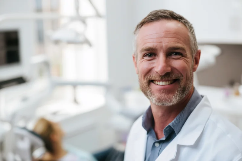 Smiling male dentist in white lab coat standing in dental clinic with patient in chair behind him