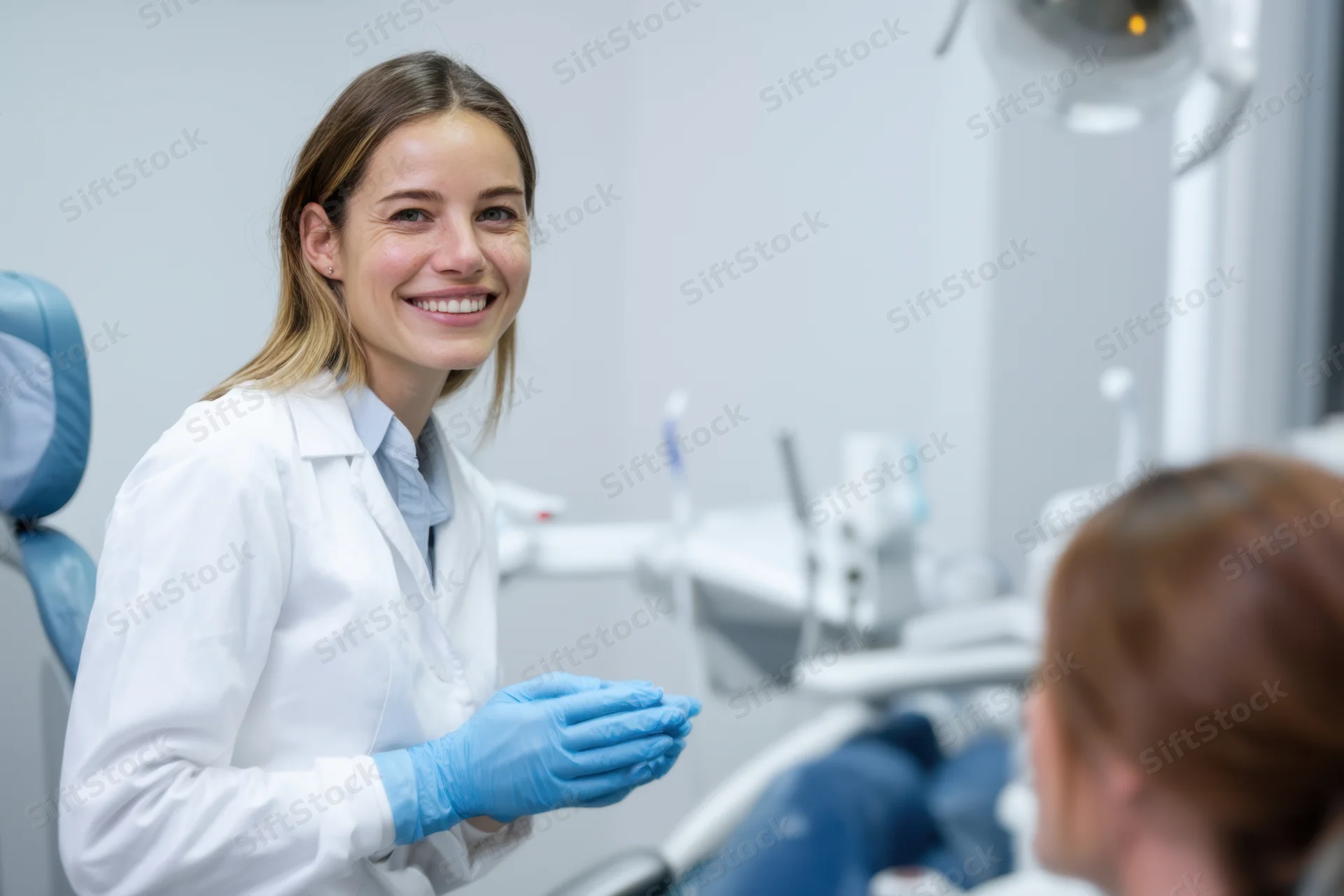 Smiling female dentist in white coat and blue gloves facing patient in dental clinic