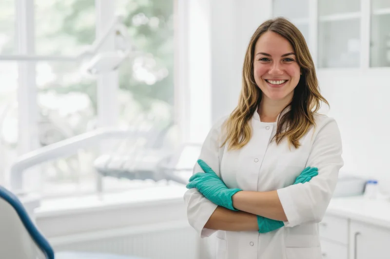 Smiling female dentist with arms crossed in a bright dental clinic