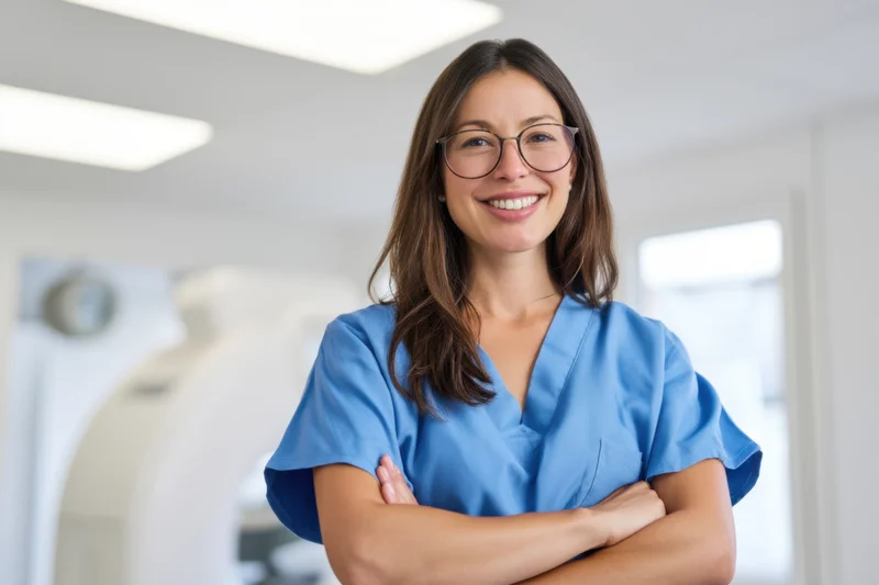 Smiling female nurse in blue scrubs with arms crossed in a hospital interior