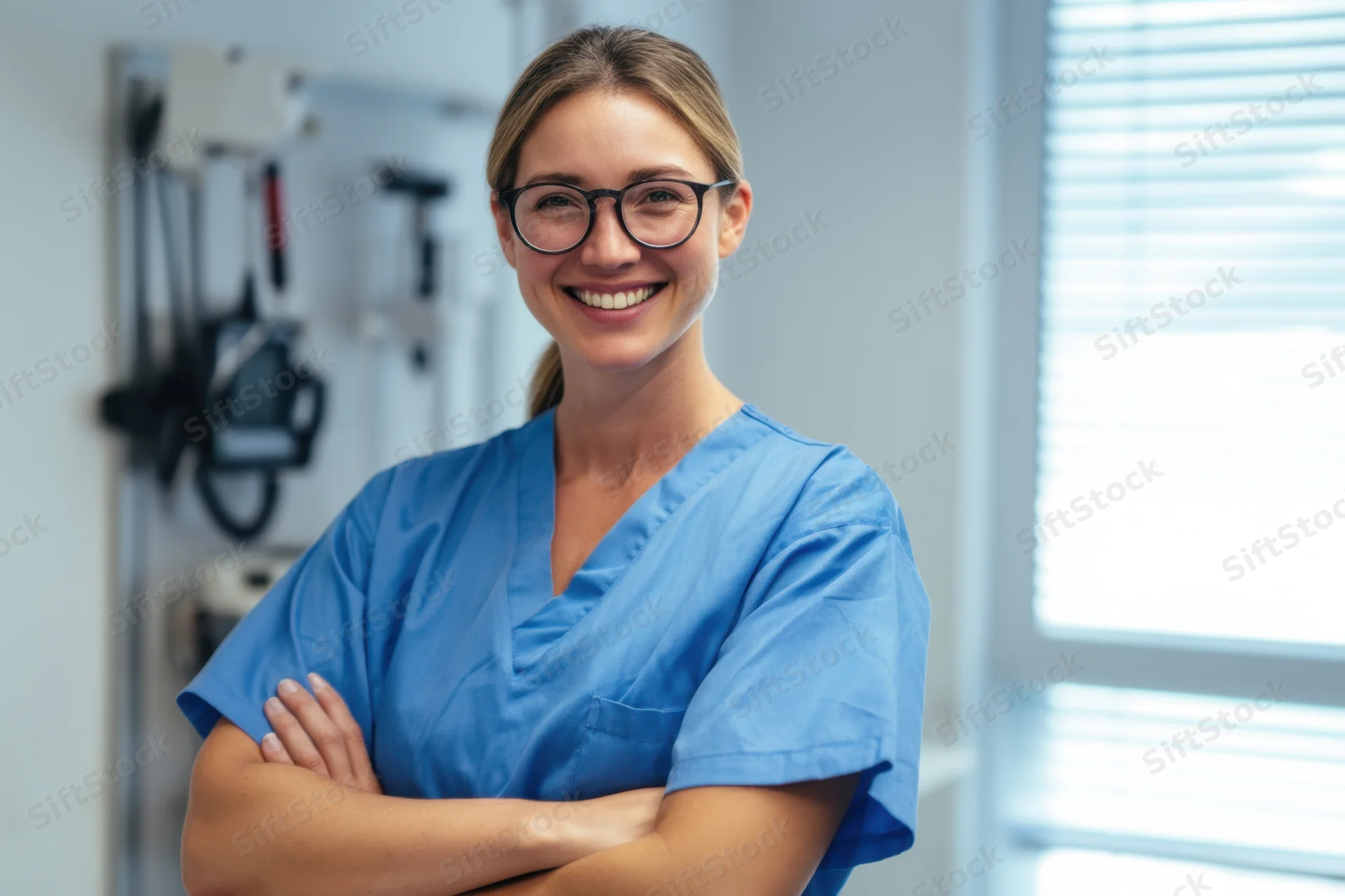 Smiling female nurse in blue scrubs with arms crossed in a clinic