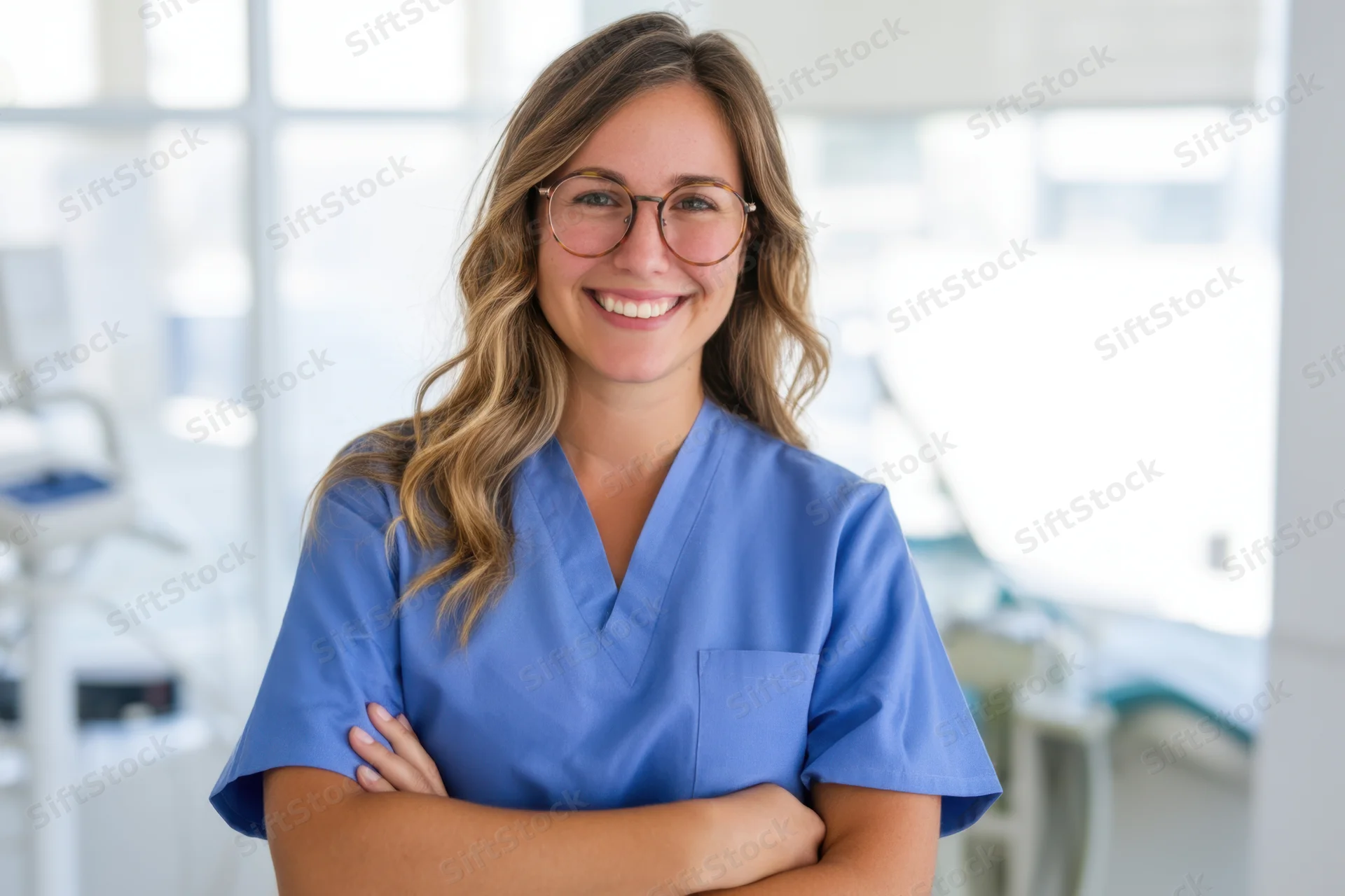 Smiling female nurse in blue scrubs with arms crossed in a clinic interior