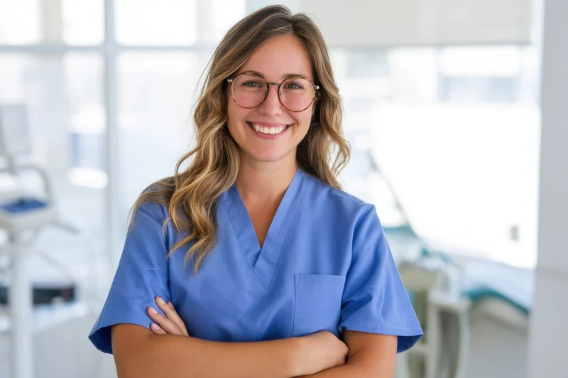 Smiling female nurse in blue scrubs with arms crossed in a clinic interior