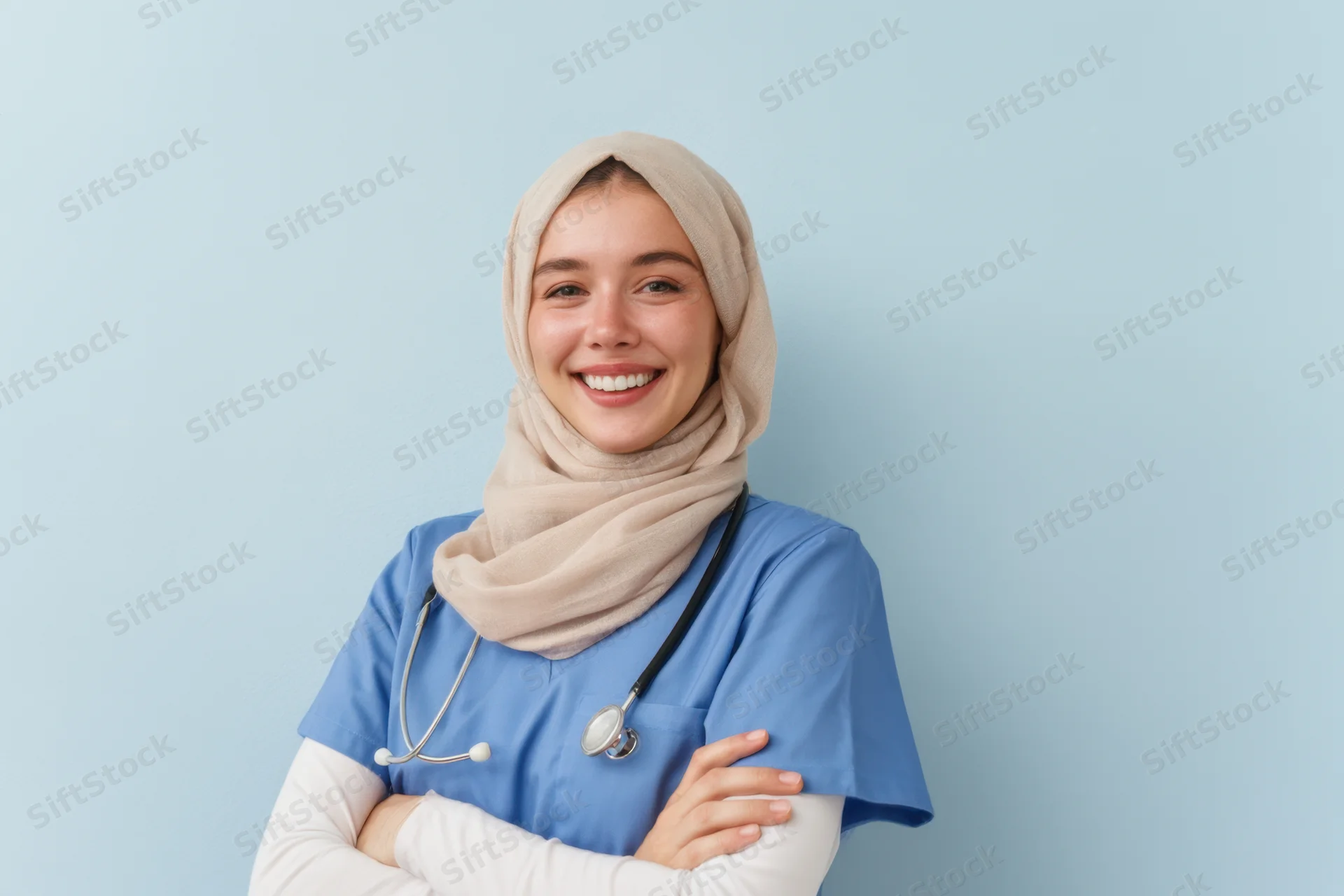 Smiling female nurse in blue scrubs with stethoscope and hijab, arms crossed against light blue background