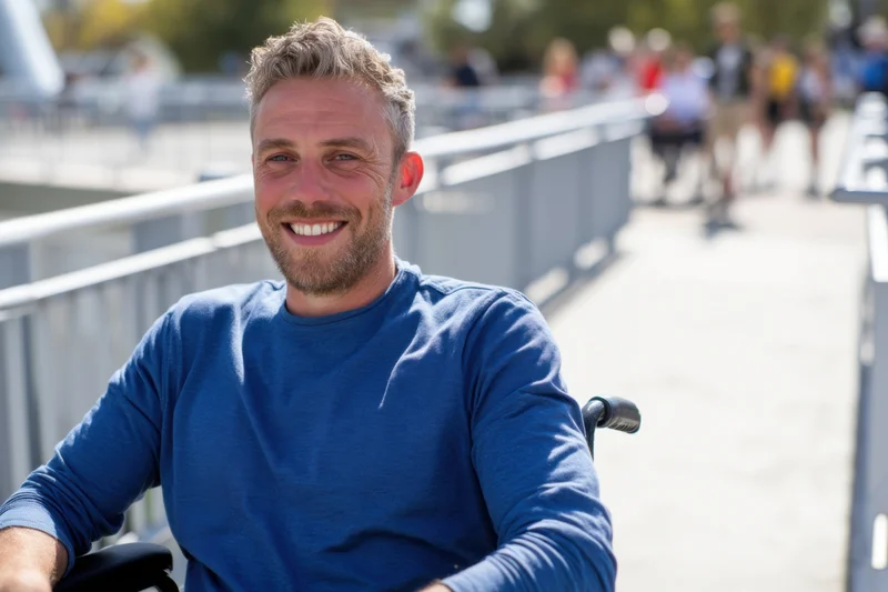 Smiling man in wheelchair on a bridge outdoors