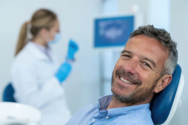 Smiling man in dental chair with dental hygienist in background at clinic