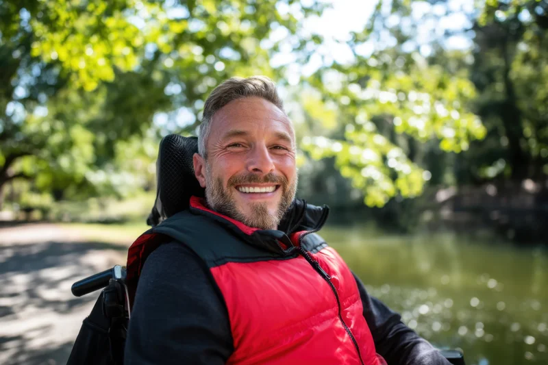 Smiling man in wheelchair outdoors by a pond in a park