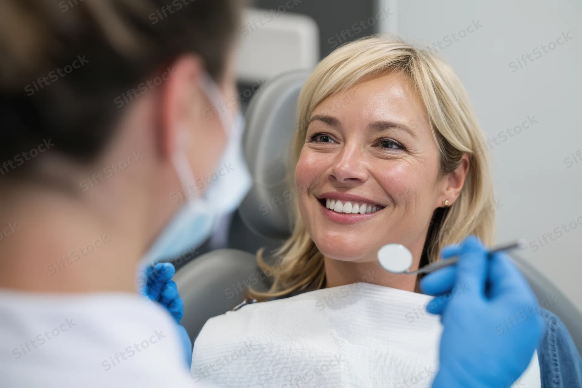 Smiling woman in dental chair during examination by dentist