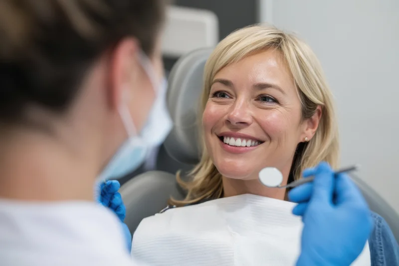 Smiling woman in dental chair during examination by dentist