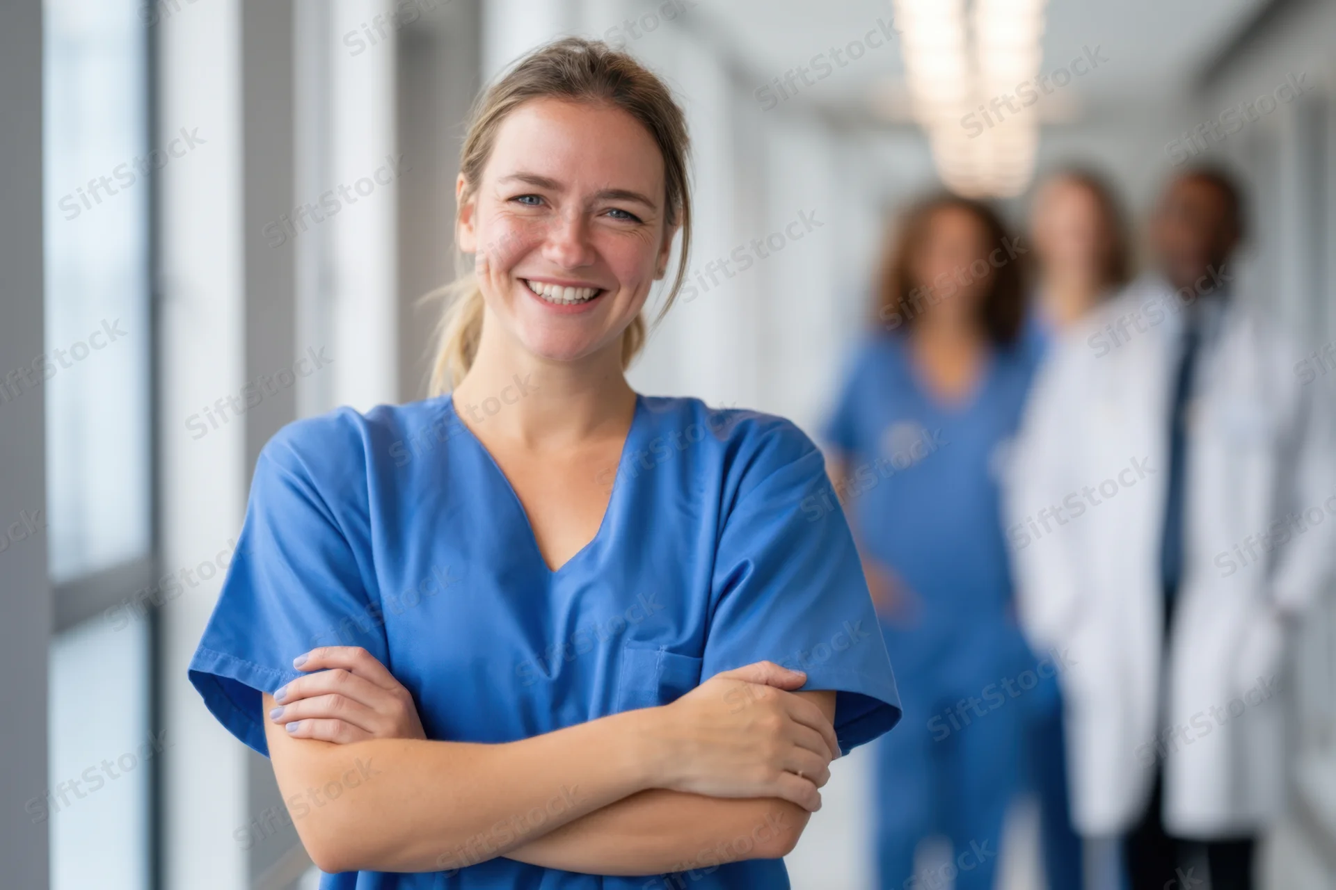 Smiling nurse in blue scrubs with arms crossed in hospital corridor