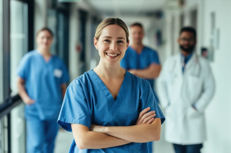 Smiling nurse in blue scrubs with arms crossed in hospital hallway, medical team in background