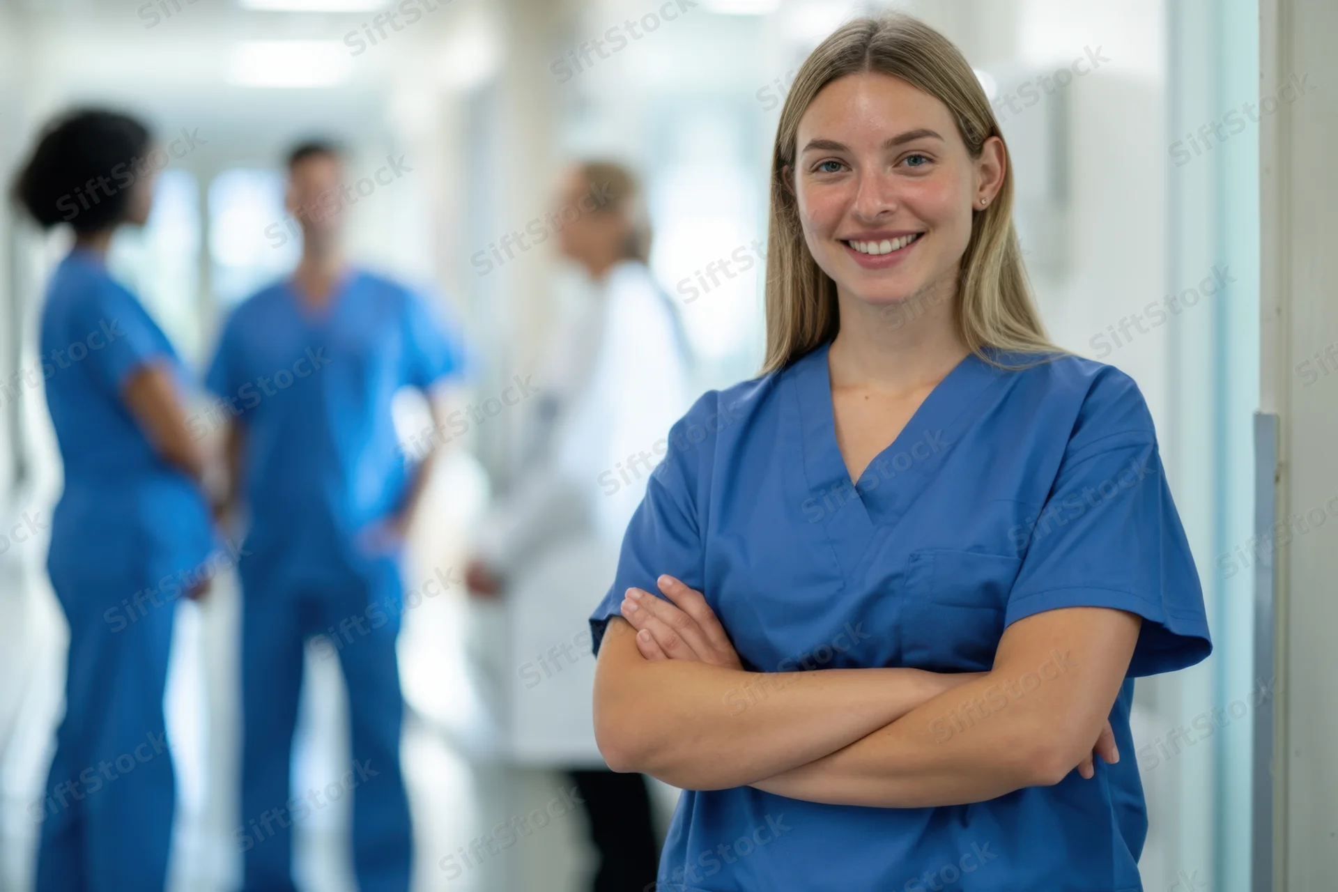 Smiling nurse in blue scrubs with arms crossed in hospital corridor