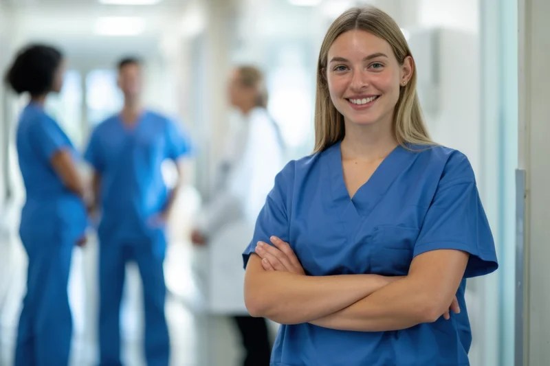 Stock style hyper realistic photo A smiling nurse in blue scrubs