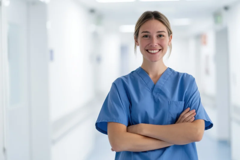 Smiling nurse in blue scrubs standing with arms crossed in a hospital corridor