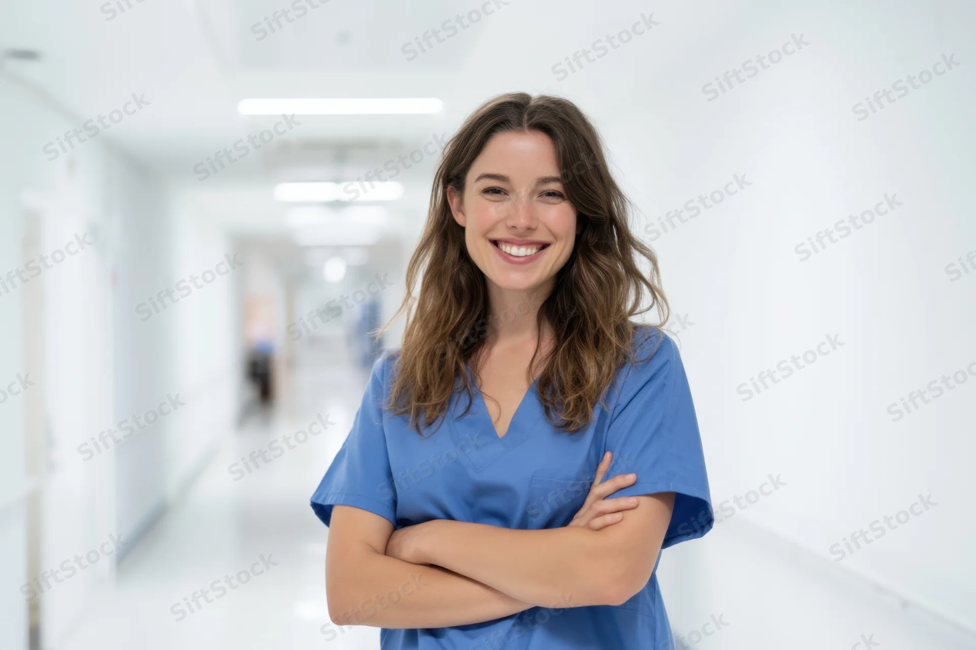 Smiling nurse in blue scrubs standing in hospital corridor with arms crossed