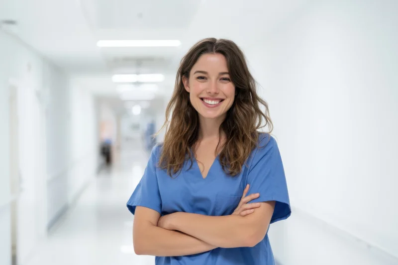 Smiling nurse in blue scrubs standing in hospital corridor with arms crossed