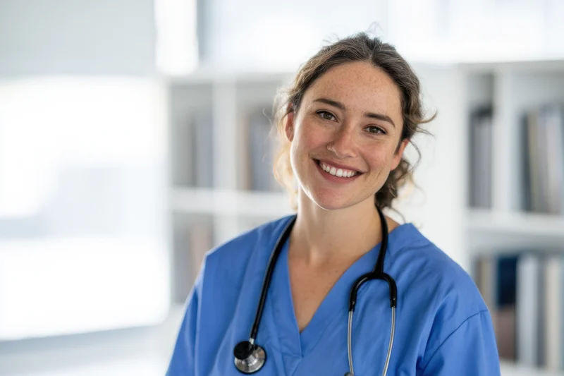 Smiling nurse in blue scrubs with stethoscope in a bright clinic setting