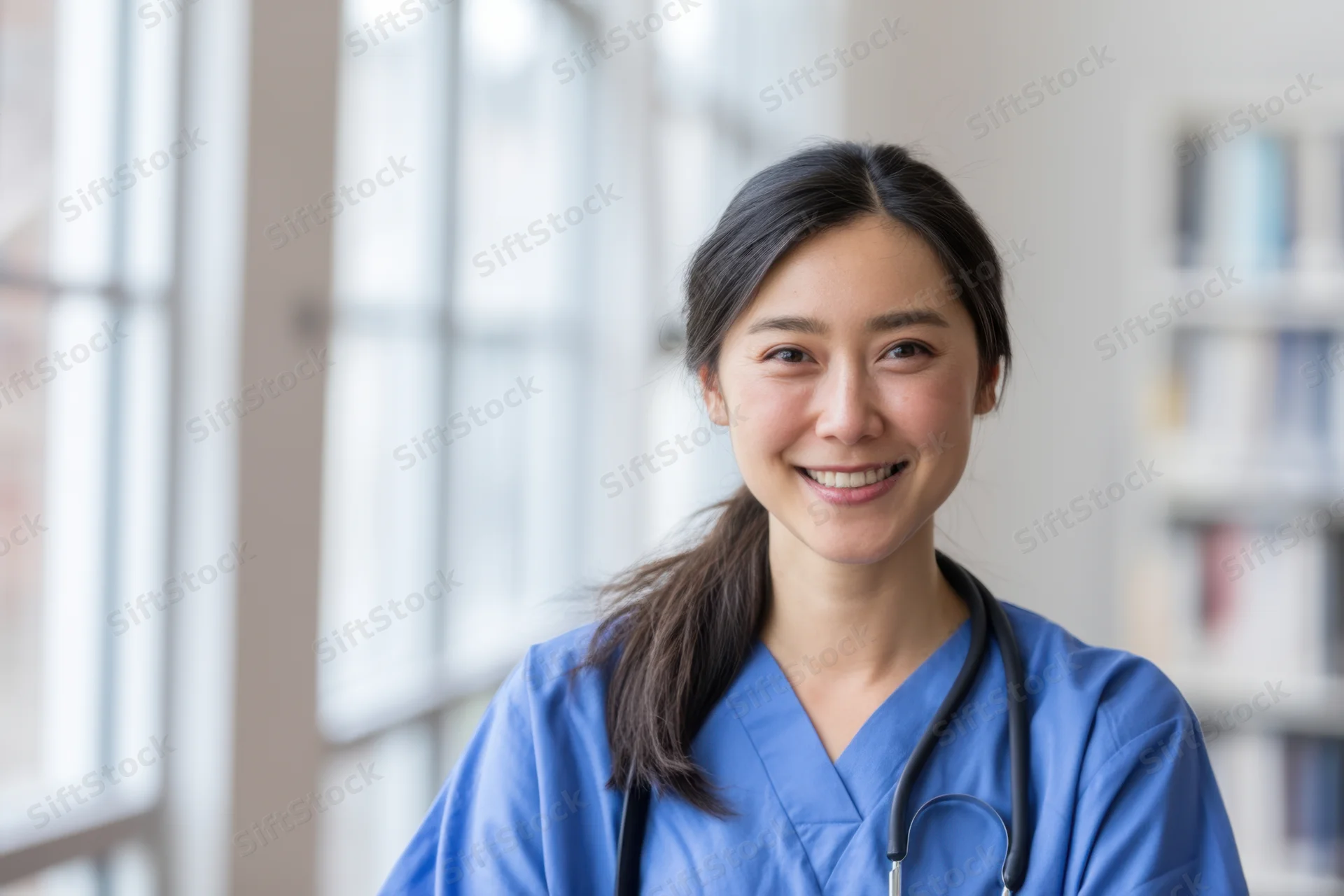 Smiling asian woman in blue scrubs with stethoscope around neck in hospital setting