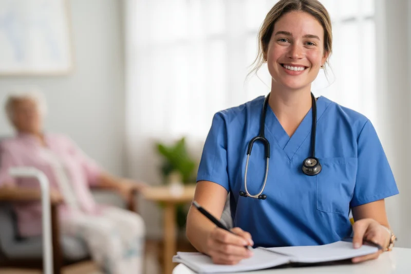 Nurse in blue scrubs writing in notebook at desk with patient in background