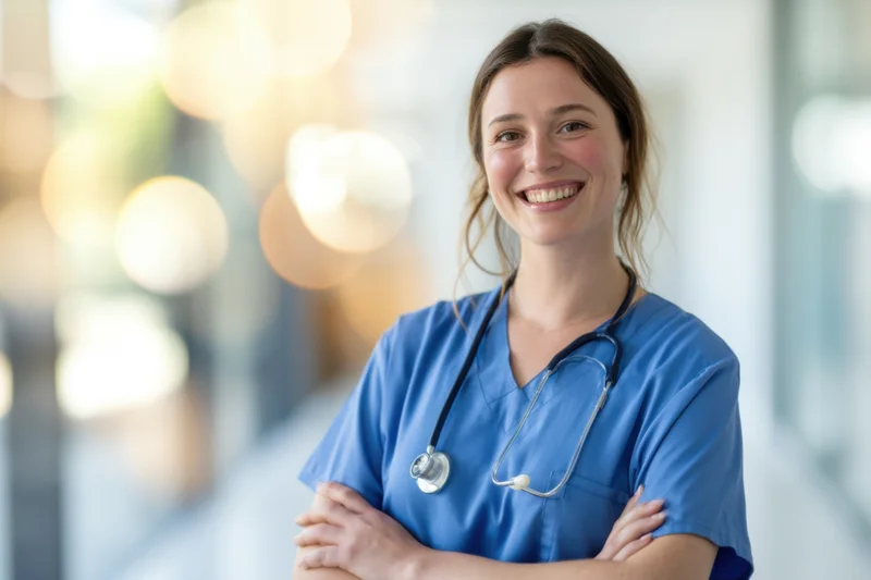 Smiling nurse in blue scrubs with stethoscope arms crossed in hospital corridor