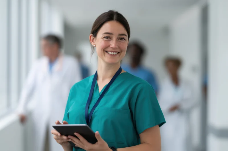 Smiling nurse holding tablet in hospital hallway