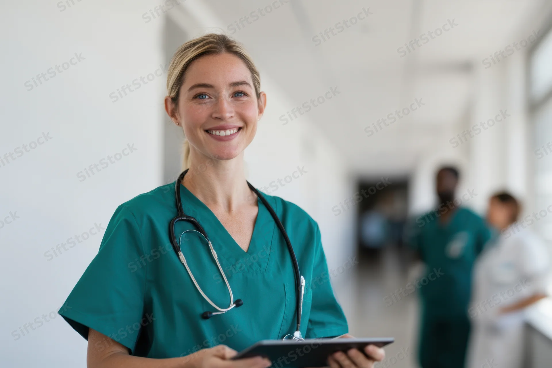 Smiling nurse in teal scrubs holding tablet in hospital hallway