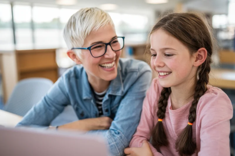 Woman and girl smiling while looking at laptop in classroom