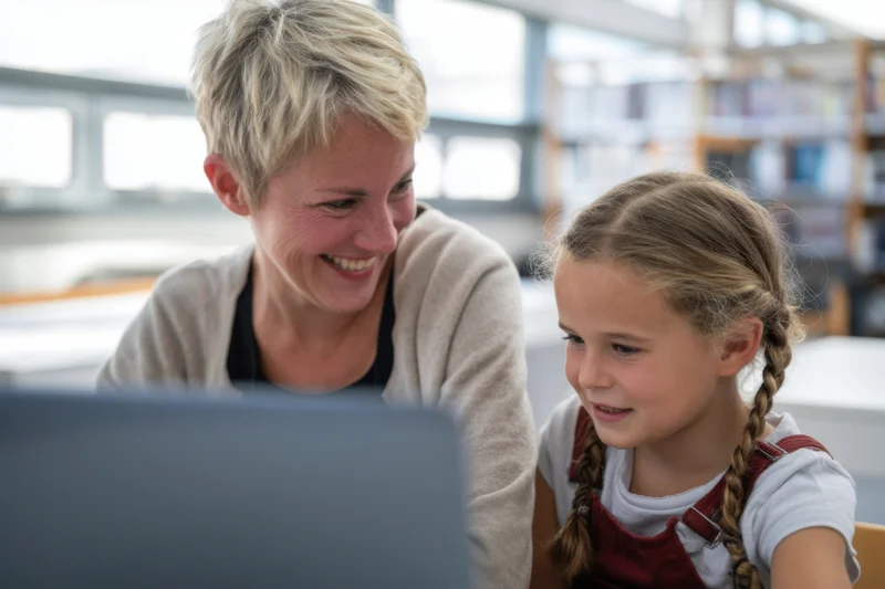 Woman and girl smiling while looking at laptop screen in library