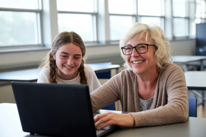 Teacher and student smiling while using laptop together in classroom