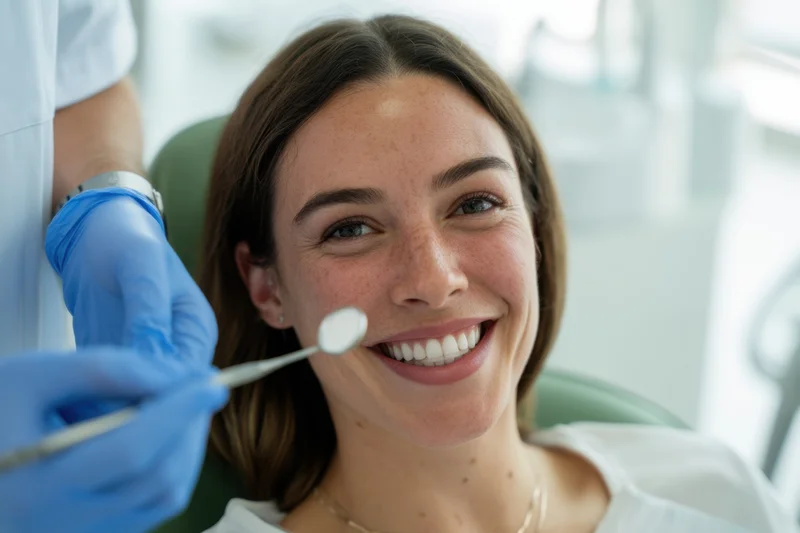 Smiling woman in dental chair during examination by dentist