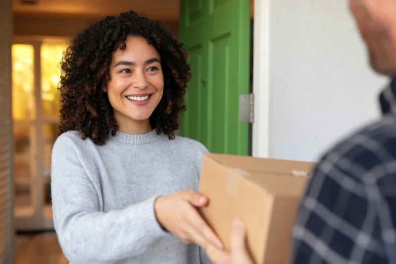 Woman smiling as she receives a package at her front door