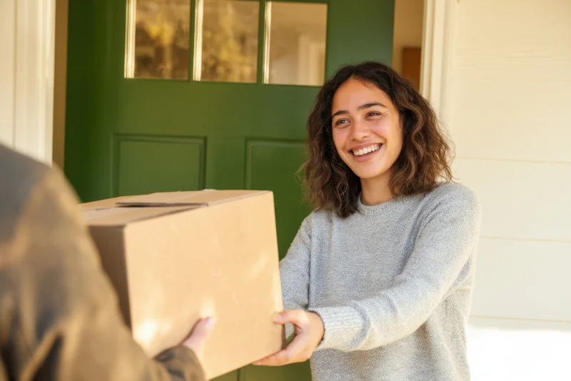 Woman receiving a package from a delivery person at her front door