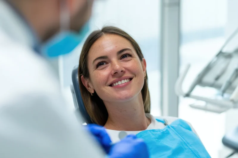 Woman patient smiling in dental chair during examination