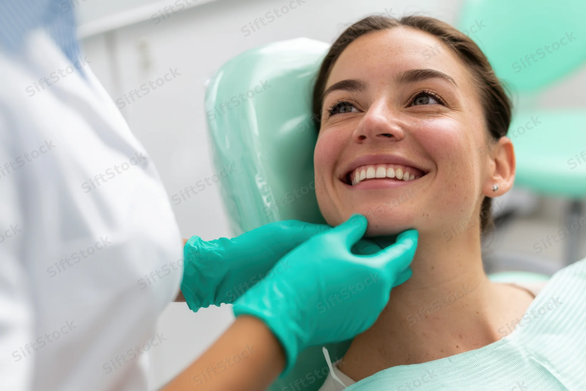 Woman smiling in dental chair during examination by dentist