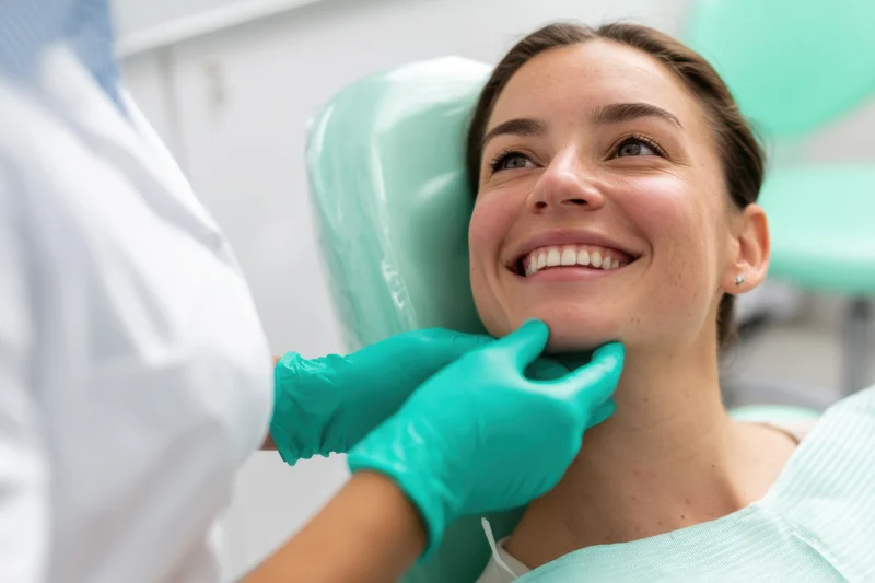 Woman smiling in dental chair during examination by dentist